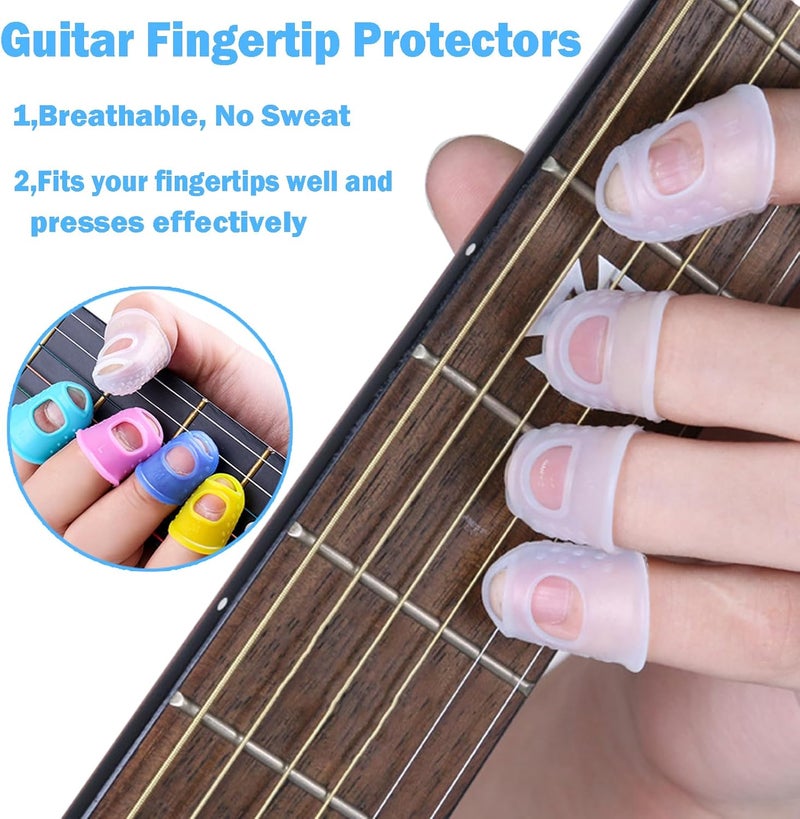 Junlego 20 Pcs Guitar Fingertip Protectors Guitar Finger Guards Protection Guitar Silicone Covers Caps for Guitar Bass Ukulele with 2 Pcs Guitar Fretboard Stickers and Guitar Chord Chart - Image 3